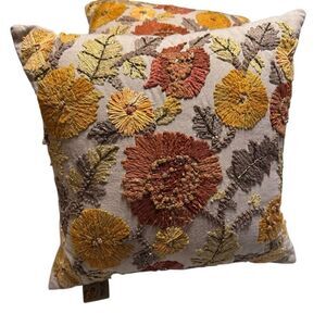 Floral Pillows Orange Yellow Tan Gold Couch Chair Bed LOT OF 2 16x16